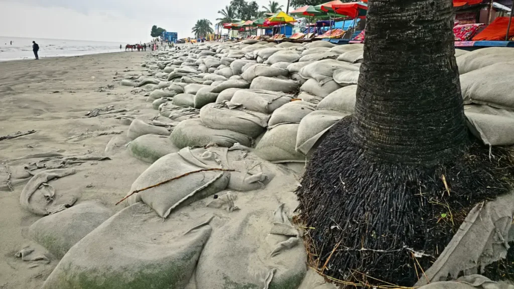 কুয়াকাটা মেইন বিচে সারি সারি জিও ব্যাগ, ভাঙন রোধের প্রয়াস। সৈকত ক্রমশ ক্ষয়প্রাপ্ত, প্রাকৃতিক সৌন্দর্য হারাচ্ছে।